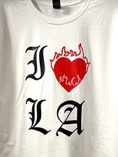 I Burning Heart Los Angeles Gothic LA font White T-shirt - I Love LA Sales support local Clean-up efforts